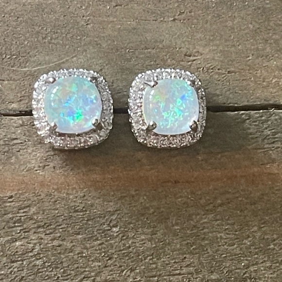 Simulated Fire Pink, Blue Opal, White Gold Plated, Cubic Zirconia Stud Earrings - Picture 4 of 12
